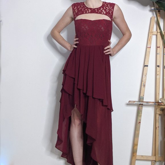 Red Lace Ruffle Asymmetric Maxi Dress - Picture 1 of 6
